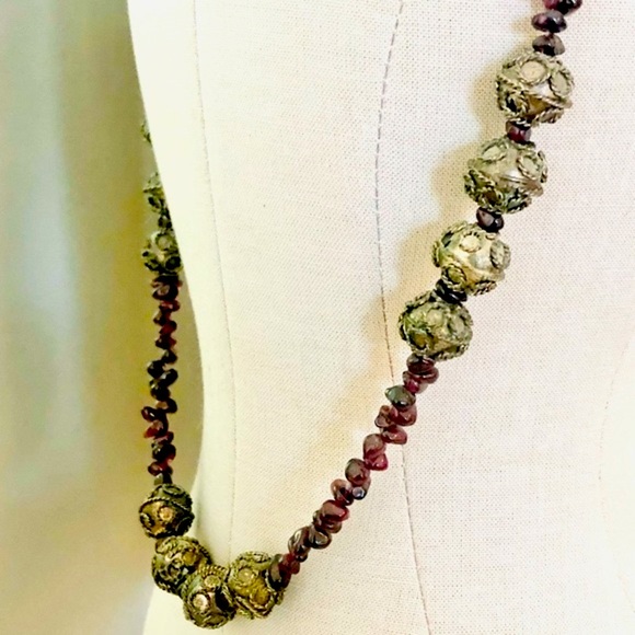 Vintage Deco Garnet Filigree Bead Necklace - Picture 2 of 15